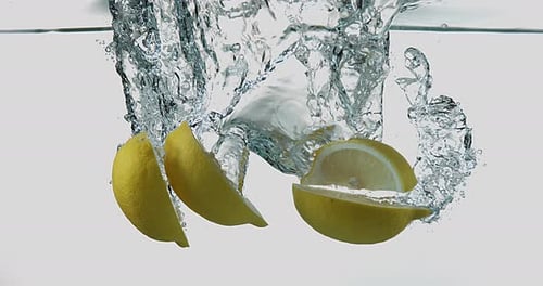 Lemon Slices Falling into Water Refreshing Close Up