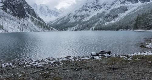 Snow Mountain Lake Timelapse at the Autumn Time. Wild Nature and Rural Mount Valley. Green Forest of
