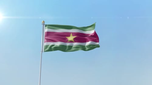 Realistic Suriname Flag Waving on Flagpole in Blue Sky