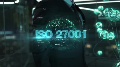 Homme d'affaires avec le concept d'hologramme ISO 27001