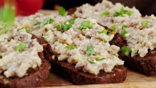 Rye Bread Appetizer with Spread and Herbs
