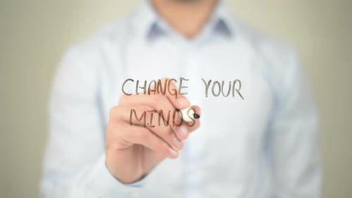 Change Your Mindset, Businessman Writing on Transparent Screen