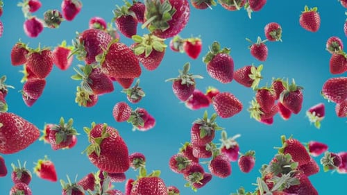 Strawberry with Slices Falling on Red Background