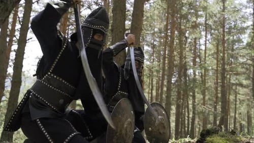 Warrior Knights Kneel in Forest Sunlight