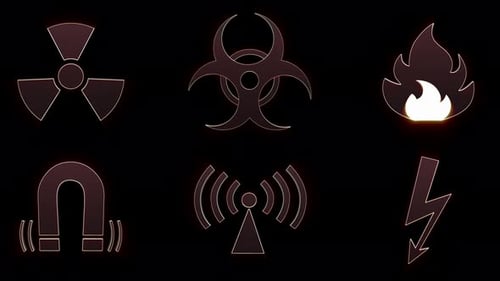 Rotating 3D Metallic Hazard Warning and Scientific Symbols Icons Loop