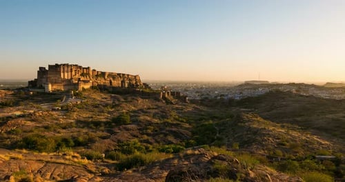 Jodhpur cityscape, time lapse. The majestic fort dominating the blue city, Rajasthan, India.