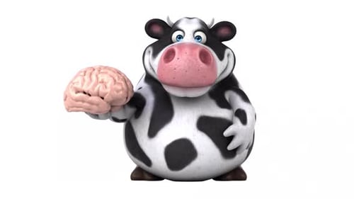 3D Cartoon Cow Holding Brain Pointing Up Idea