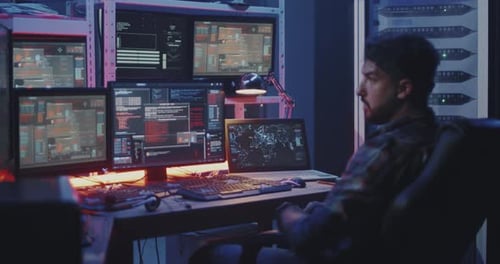 Hacker Watching Multiple Monitors