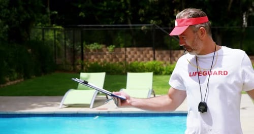Lifeguard Standing Next to Pool Holding Clipboard