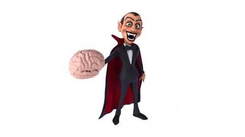 3D Cartoon Vampire Character Holding Brain for Halloween