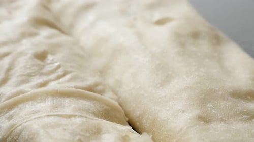 Thin sheets of dough with filling arranged in baking tray slow tilt 4K 2160p 30fps UHD footage - Rol