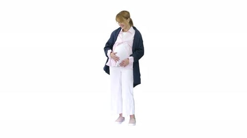 Pregnant Woman Touching Belly on Isolated White Background