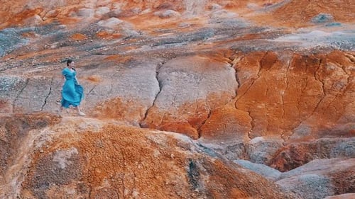 Woman Walks on Desert Landscape in Flowing Dress
