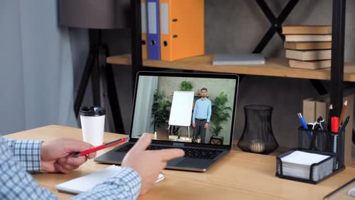 Businessman in Office Tells Study Online Video Call Webcam Chat Laptop Computer