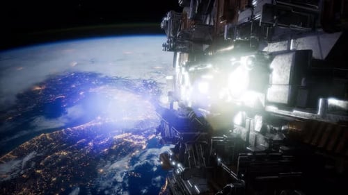 Futuristic Spaceship Emitting Bright Light Beam Over Night Earth