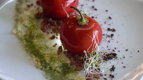 The Dish From the Chef. Glazed Balls of Foie Gras or Tomatoes. Frame in Motion