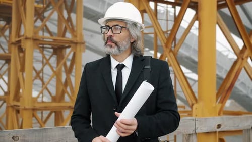 Portrait of Serious Architect Standing in Construction Site with Blueprint Looking Around