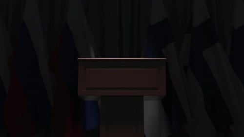 Row of Flags of Finland and Russia and and Speaker Tribune