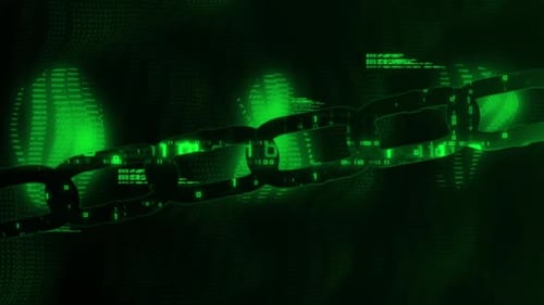 Animation d'une interface informatique numérique avec traitement de données et chaînes de maillons sur fond vert