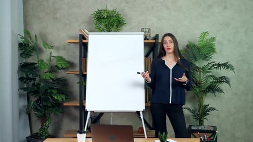Businesswoman Presenting at Whiteboard in Modern Office
