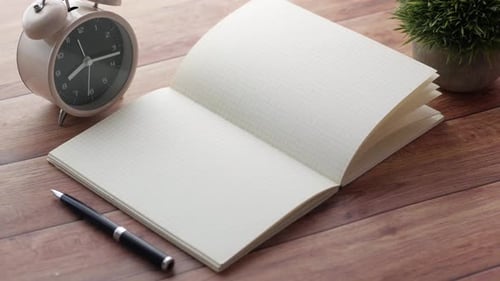 Blank Notebook on Desk with Pen and Clock