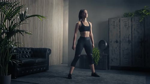 Slender Figure of Girl Doing Squat Training. Healthy Women in Sportswear Doing Squat at Home. Home