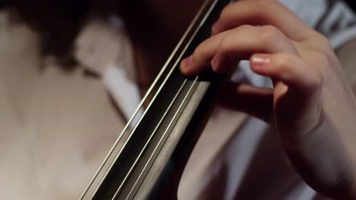 Closeup of Fingers Virtuoso Musician Playing Classical Melody on Strings Cello Front View