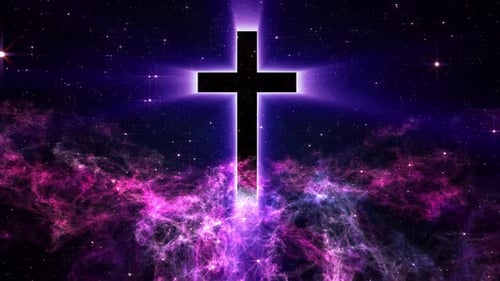 Glowing Cross Animated in Ethereal Cosmic Nebula with Stars