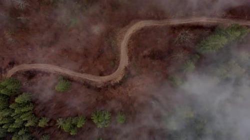 Aerial Spinning Around Mountain Road in Fog Covered Forest