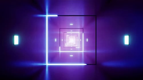 Trazo de luz de neón cuadrada brillante en el túnel metálico VJ Loop