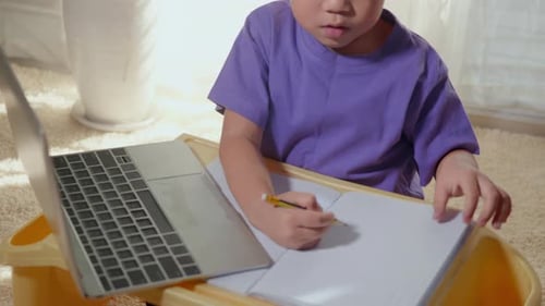 Boy Works at Laptop and Writes in Notebook