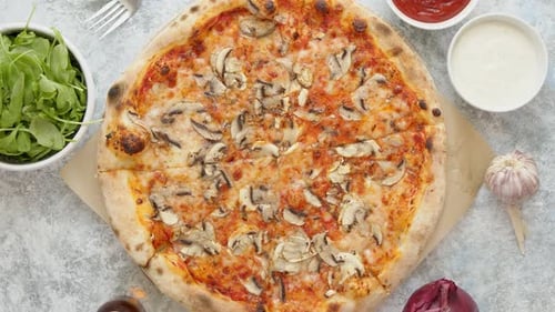 Chopped Hot Pizza in a Ready for Eat. Pizza with Mushrooms and Cheese. Top View.
