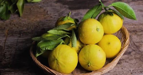 Lemons in Wicker Basket with Green Leaves