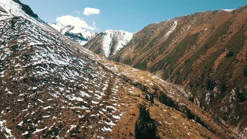Autumn landscape in the mountains. Snowy peaks, yellow-green grass, orange-red bushes.