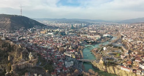 Aerial time lapse of Tbilisi city, Georgia 2022 winter