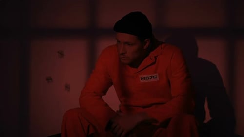 Caucasian Imprisoned Man Escaping Prison When Red Light Blinking, Riot in Jail