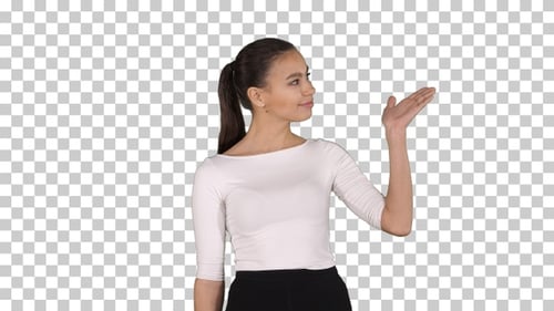 Smiling Woman Presenting on Chroma Key Background