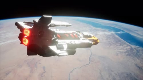 3D Futuristic Spaceship Flying Above Planet Earth