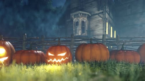 Halloween Night: Jack-o'-Lanterns by an Old Haunted House
