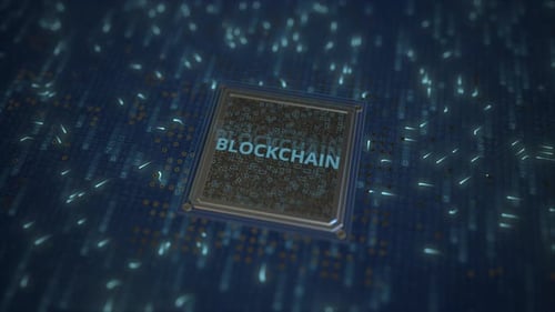 BLOCKCHAIN Text on a Computer Processor