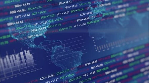 Stock market tickers with graphs and charts.