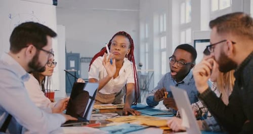 Positive Happy Black Business Woman Working Together with Diverse Colleagues in Modern Trendy Office
