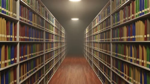 Moving between long Bookshelves with a lot of Books in Old Retro-styled Library