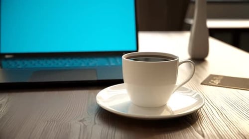 Empty office or cafeteria with wooden table, opened notebook and a coffee cup.