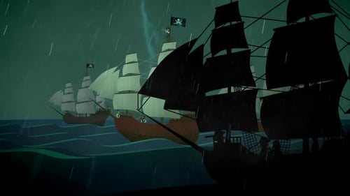 The old, vintage pirate ships with white sails are swimming on the open ocean.