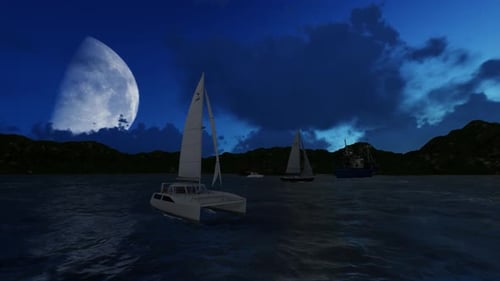 Peaceful Catamaran Sail Under Moonlight