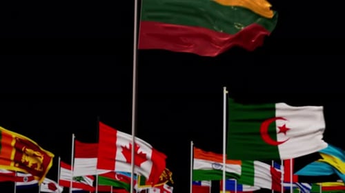 Waving Lithuanian Flag with International Flags Background