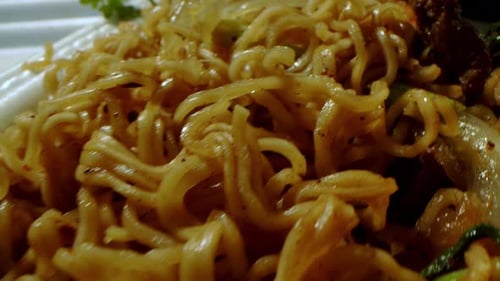 Close Up of Delicious Asian Noodles With Meat