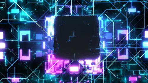 Futuristic Digital Microchip Animation with Glowing Circuit Board Lines