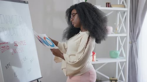 Side View Portrait of Serious Concentrated Smart African American Woman in Eyeglasses Analyzing